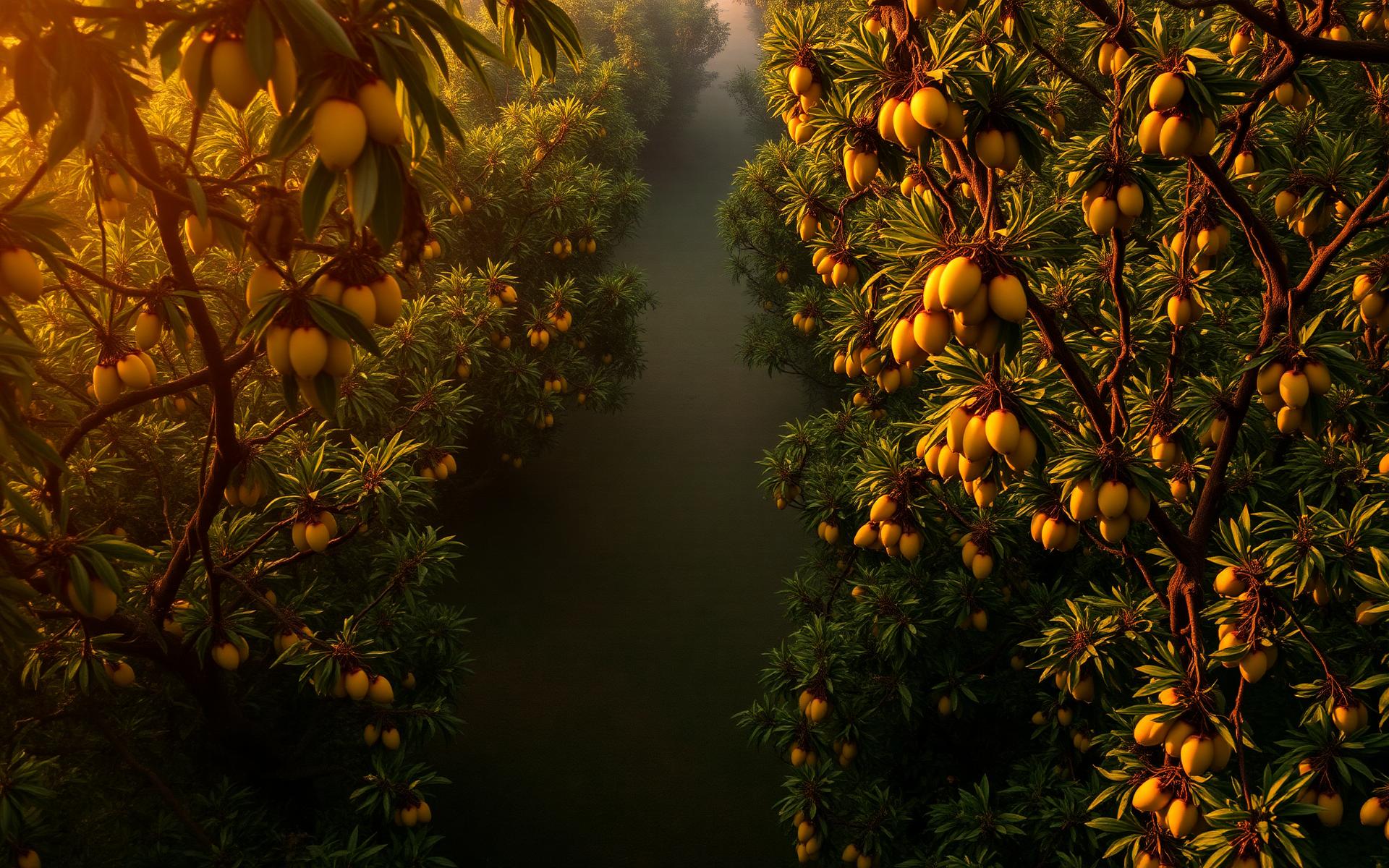 Golden hour in an Indian mango orchard